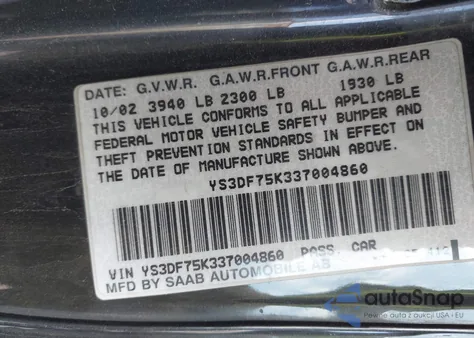 2003 Saab 9-3 Se из США, поврежденный, VIN YS3DF75K337004860